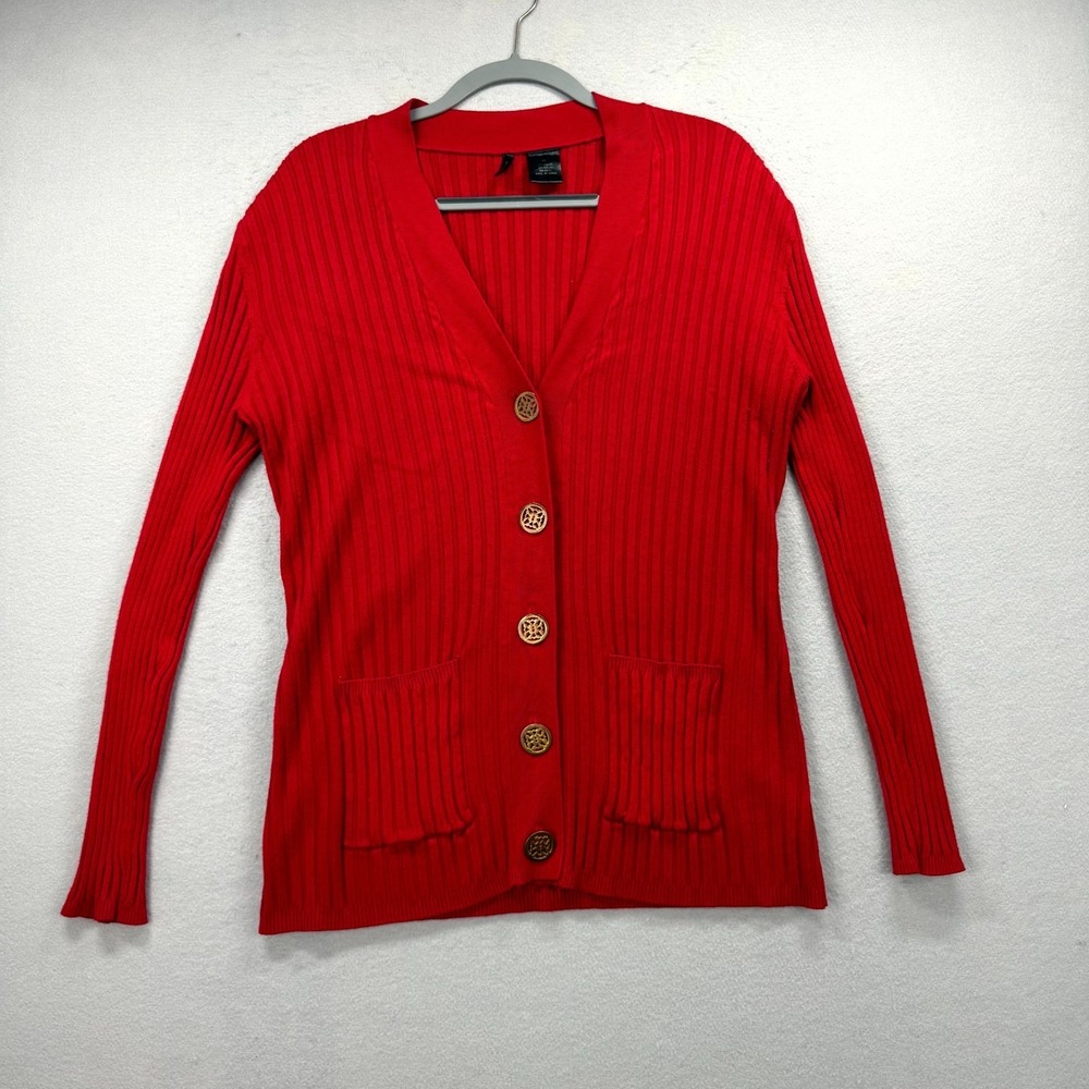 Etoile Cardigan Sweater Women's XL Red Patch Pockets Ribbed Knit Gold Button Up